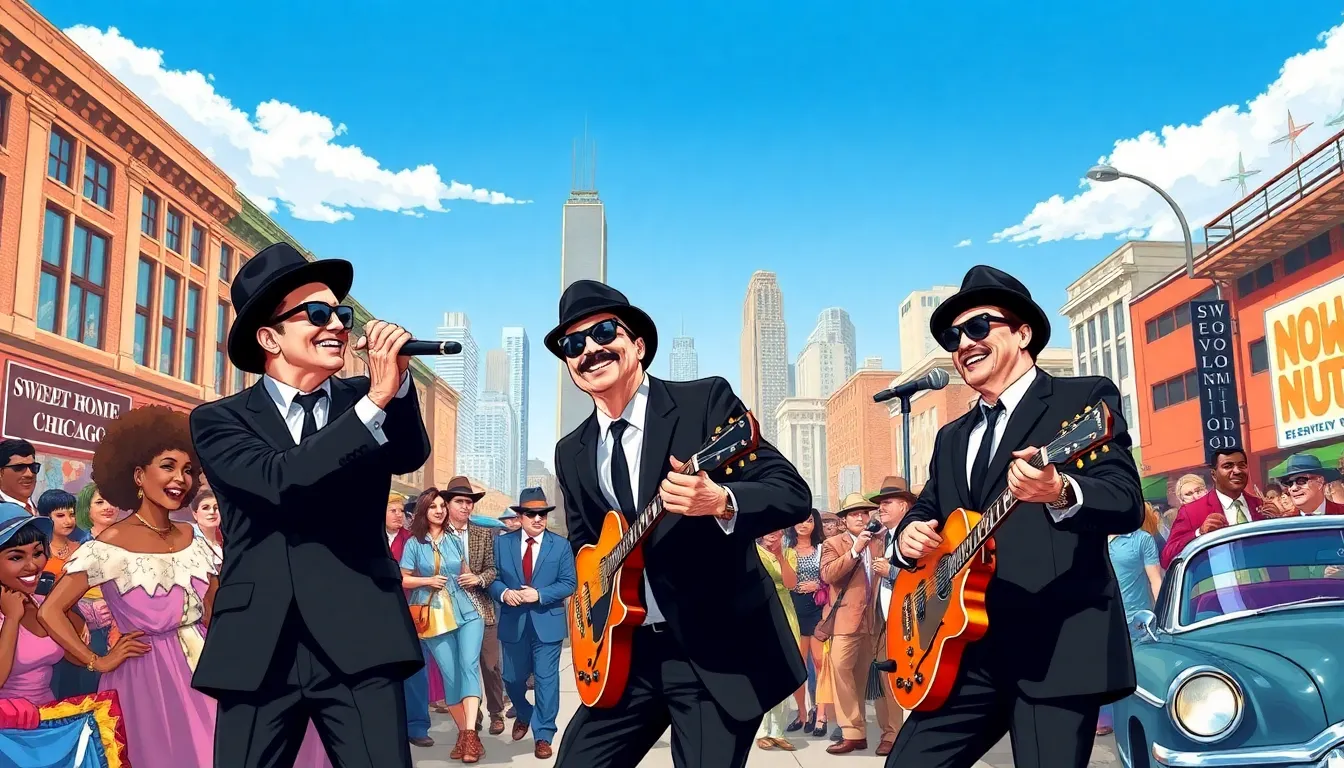 Jake and Elwood Blues performing in a lively Chicago street scene.