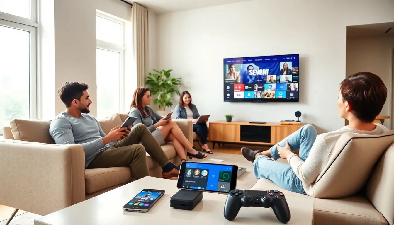 diverse group enjoying Cox Streaming TV on different devices in a modern living room.