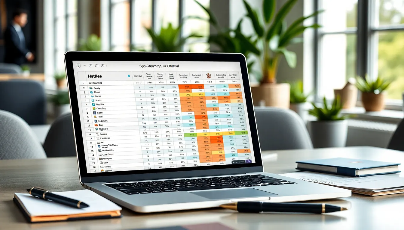 workspace with a laptop showing a streaming TV channel comparison spreadsheet.