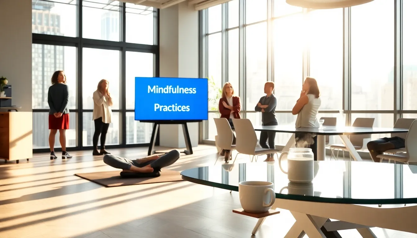diverse team practicing mindfulness in a modern office.