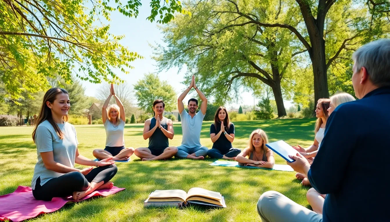 group of adults enjoying mindfulness activities in a peaceful outdoor setting.