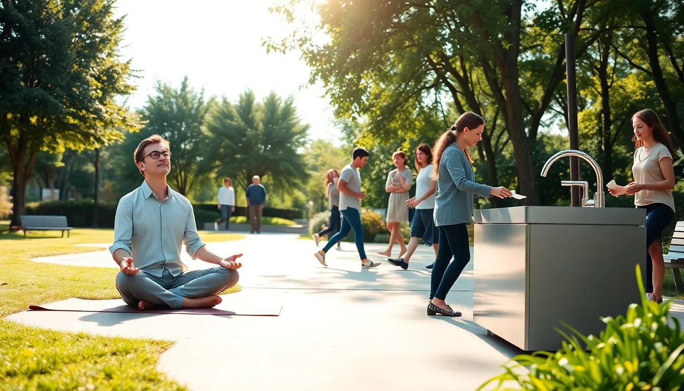 diverse group practicing mindfulness in a peaceful outdoor setting.