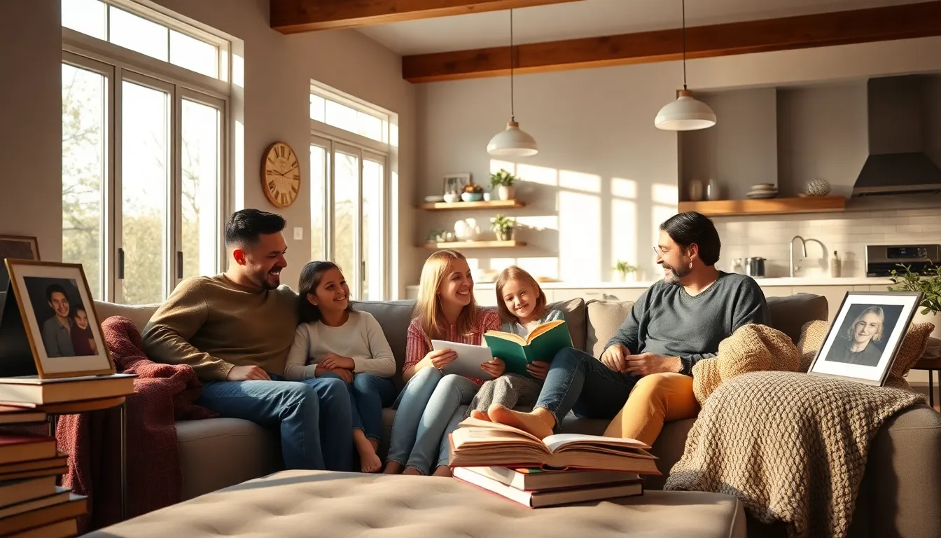 a family enjoying time together in a cozy living room.