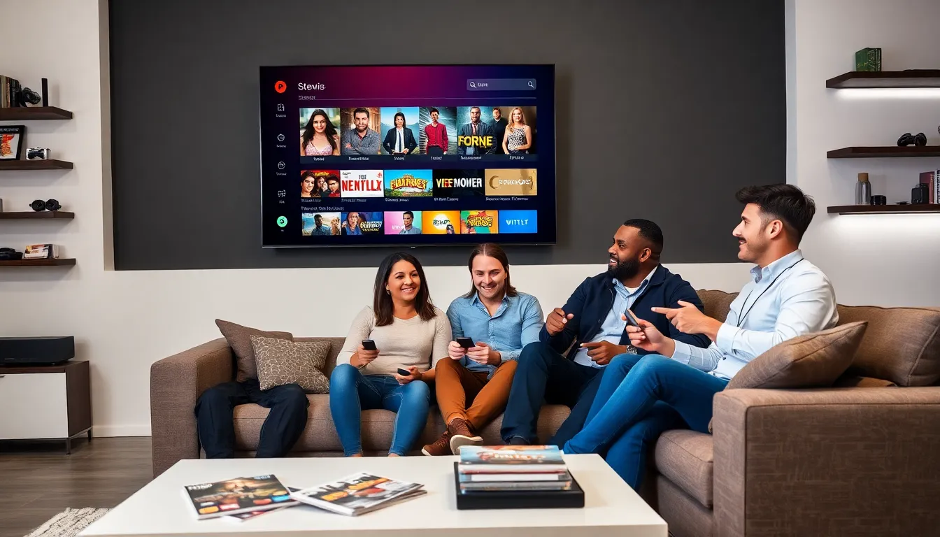 diverse professionals enjoying a streaming service in a modern living room.