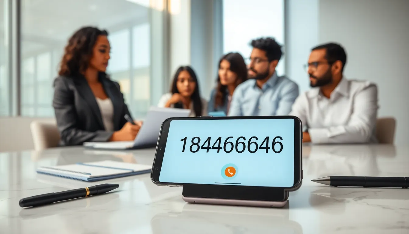 Professionals discussing a smartphone displaying the number 18446406446.